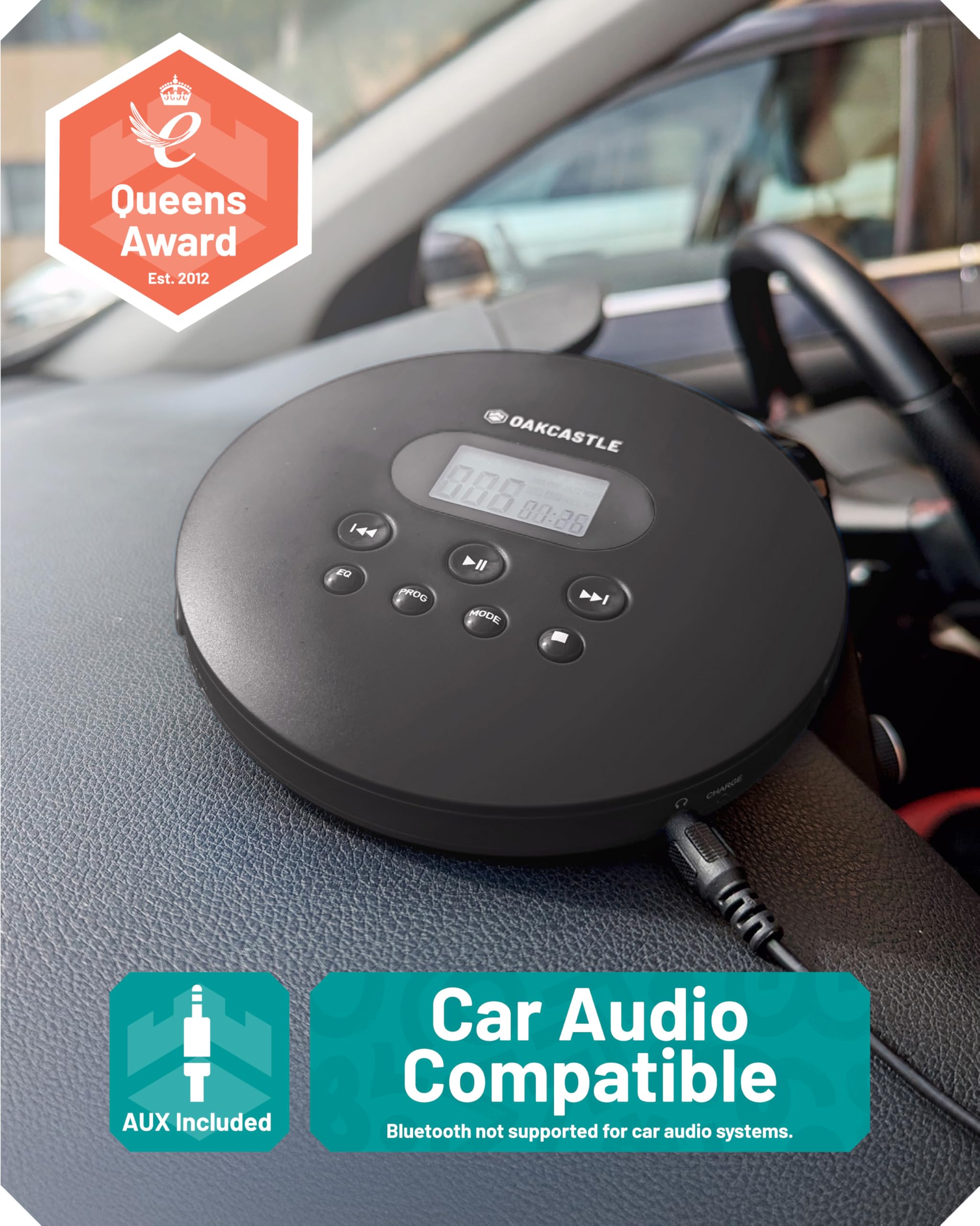 Oakcastle CD100 Rechargeable Bluetooth CD Player | 12hr Portable Playtime | in Car Compatible Personal CD Player | Headphones Included, AUX Output, Anti-Skip Protection, Custom EQ, CD100 (Black)