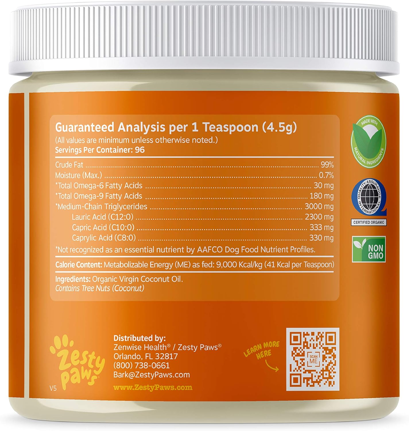 Zesty Paws Coconut Oil for Dogs Certified Organic Extra Virgin