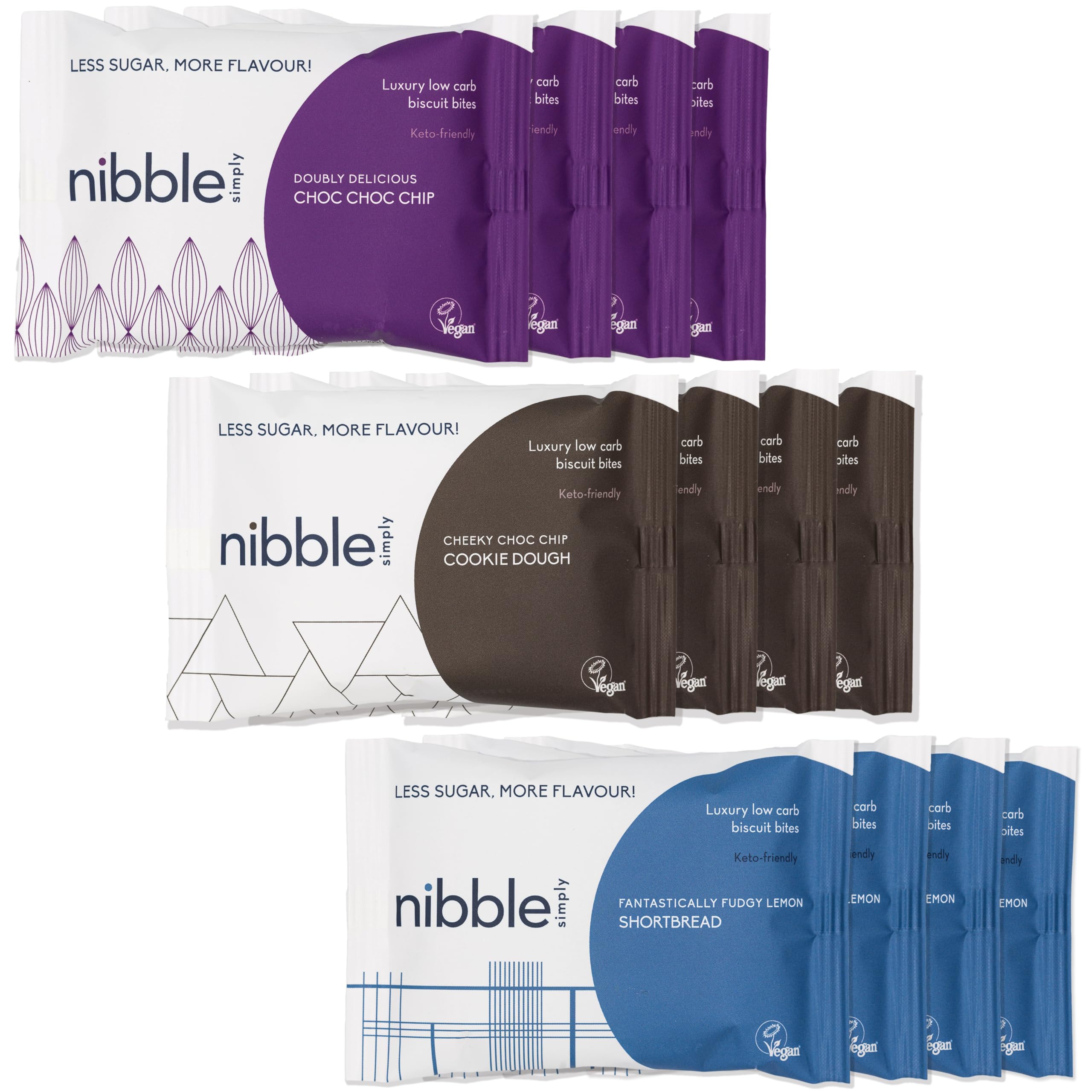 Nibble Simply Multipack - 4 of each Flavour - Low Carb, Lower Sugar, Keto, Vegan (12 x 36g packs)