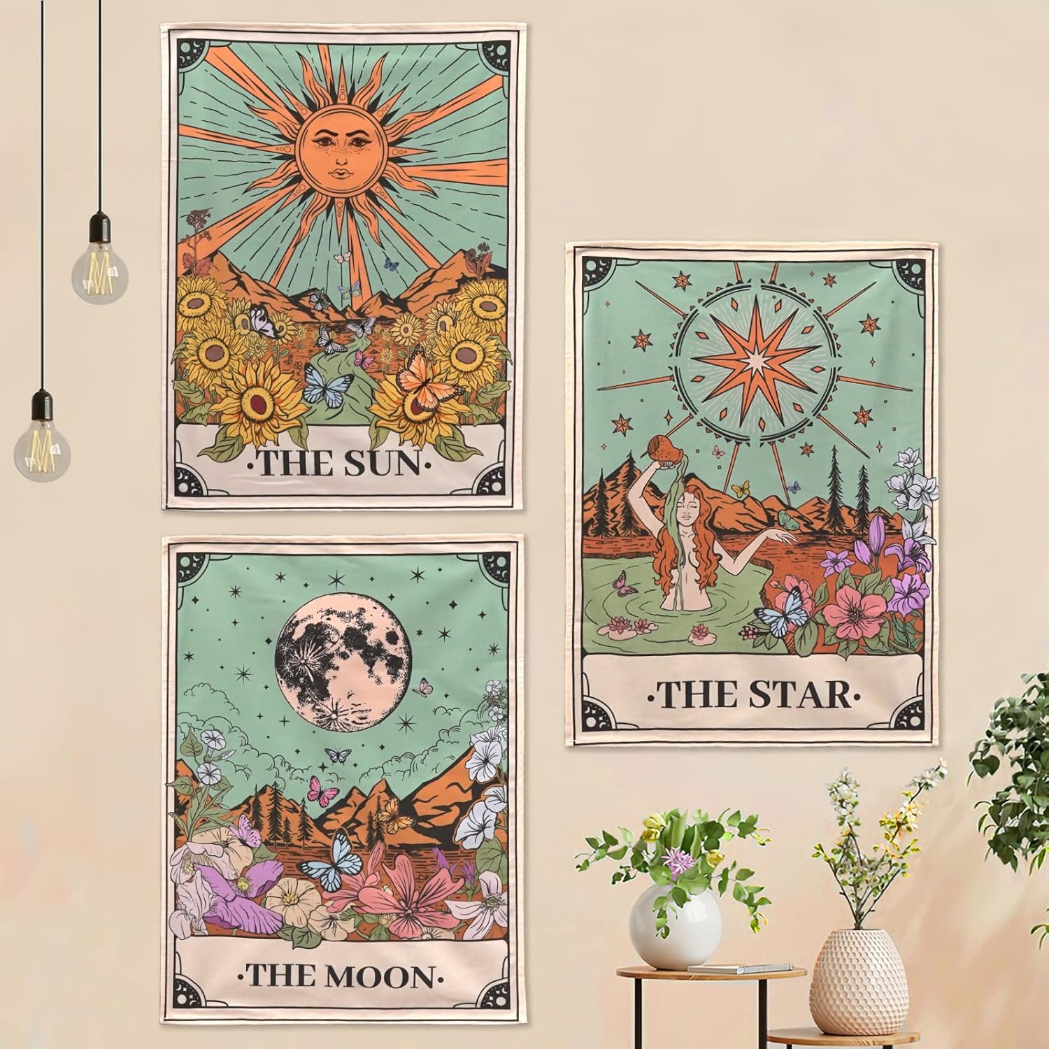 Tapestries - Aipon Tarot Tapestry 3 Pack Sun Moon Star Flower Green Tarot Card Tapestries Floral Aesthetic Mini Tapestries Wall Hanging for Bedroom Living Room Dorm (Green1, 15'' × 20'')