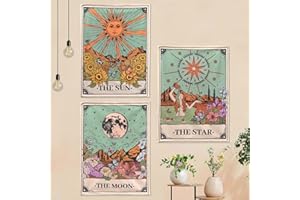 Aipon Tarot Tapestry Cute Tarot Card Tapestries 3 Pack Sun Moon Star Green Floral Flower Small Aesthetic Tapestry Wall Hanging for Bedroom Living Room Dorm (15'' × 20'')