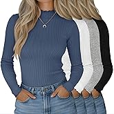 Neer 4 Pack Women's Mock Turtleneck Tops Cotton Long Sleeve Ribbed Lettuce Trim Shirts Slim Fit Casual Fall Basic Tees