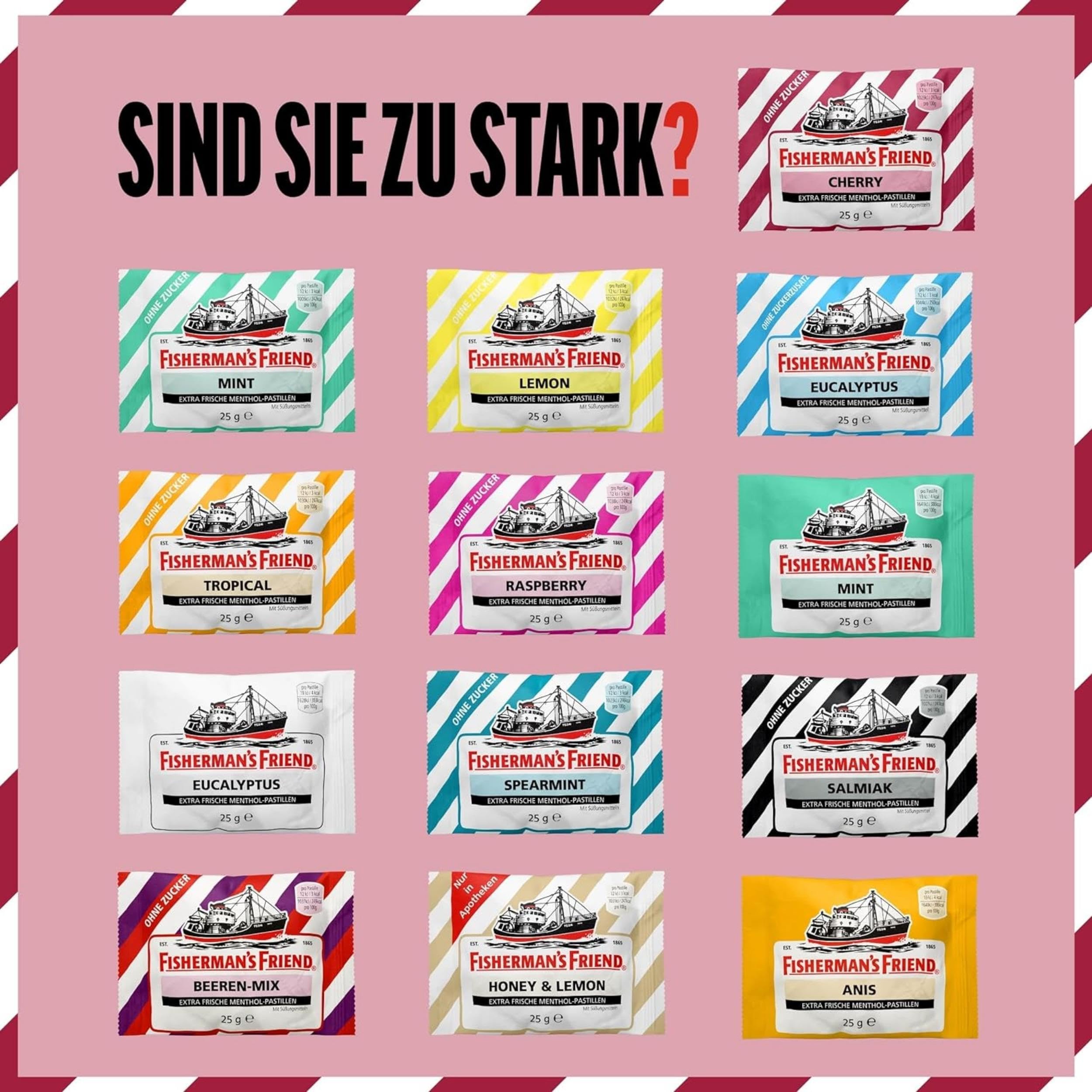 Fisherman's Friend Cherry, 24er Vorratsbox, Kirsche und Menthol Geschmack, zuckerfrei & vegan, Bonbons für frischen Atem, 24 x 25g 6