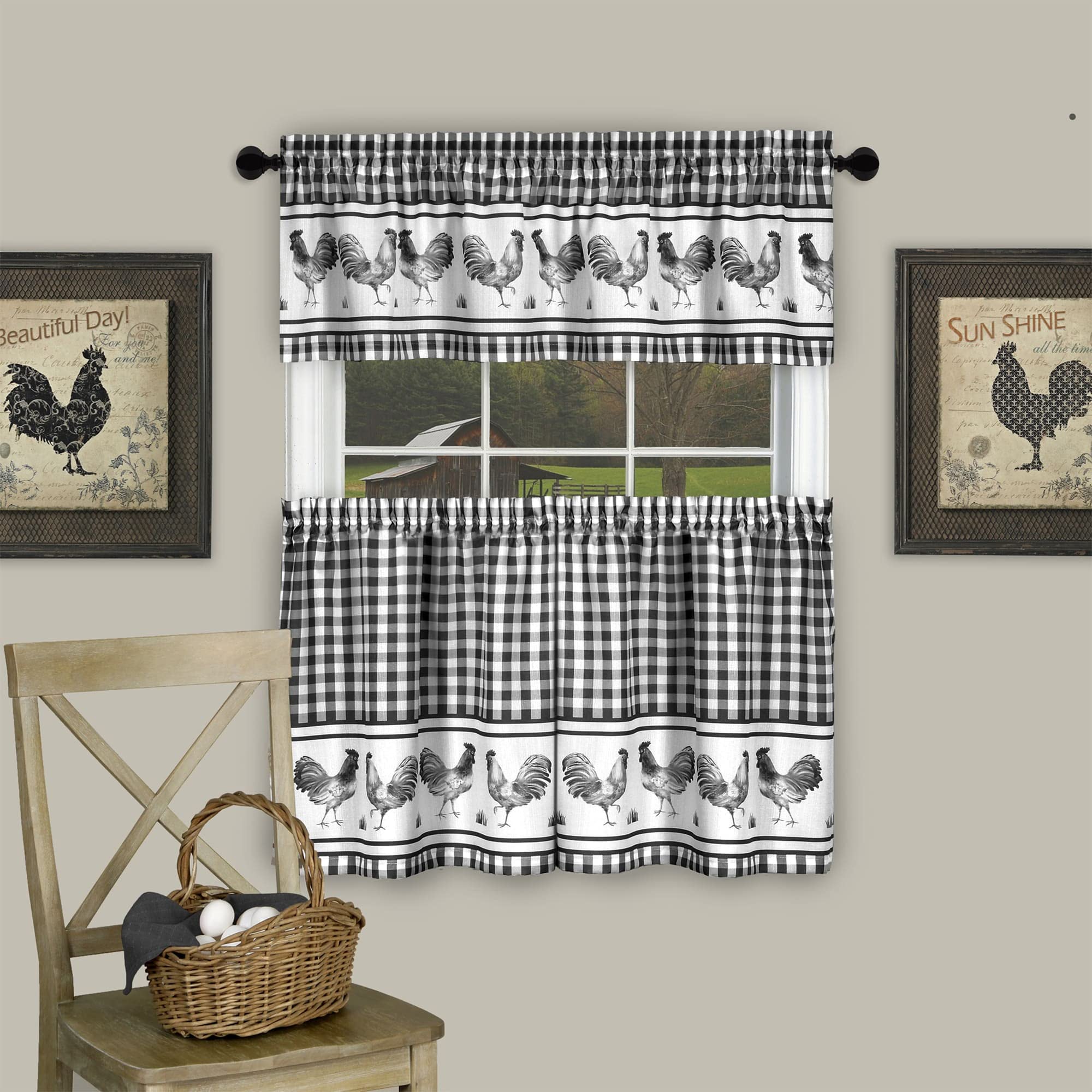 Light Filtering Printed Tier & Valance Window Curtain Set - 58 Inch Length, 24 Inch Width - Barnyard (Black), Machine Washable Drape for Kitchen, Bedroom, Living, & Dining Room by Achim Home Decor