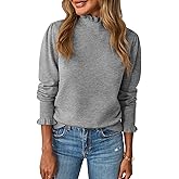 Saodimallsu Womens Ruffle Mock Neck Sweater Puff Long Sleeve Fall Soft Knit Casual Pullover Sweaters Top