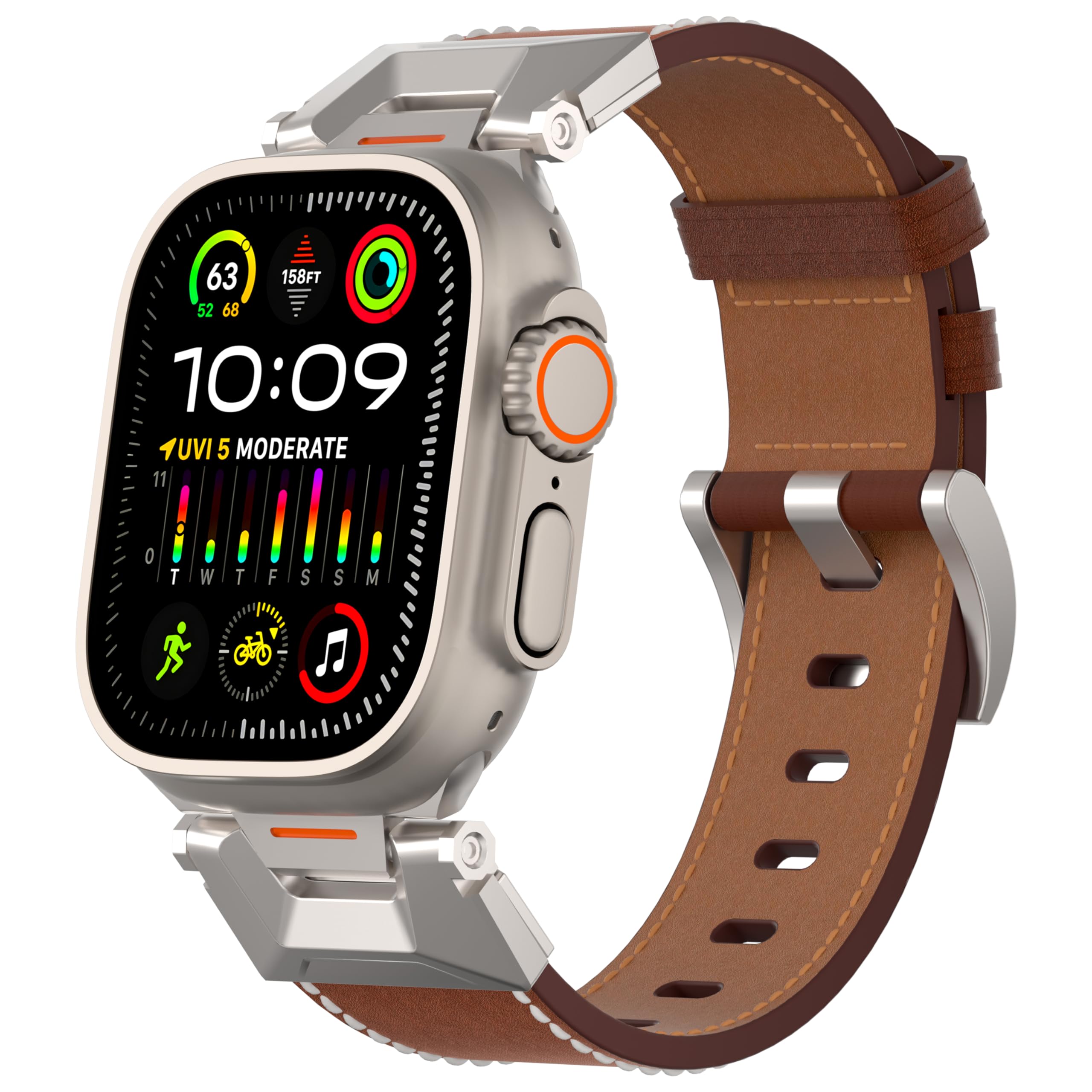 Diruite Bracelet for Apple Watch Ultra/Ultra 2/Series 9/8/7/6/5/4/SE Replace Strap,Leather+Stainless Steel Ring Straps for Apple Watch 49mm 45mm 44mm 42mm Band