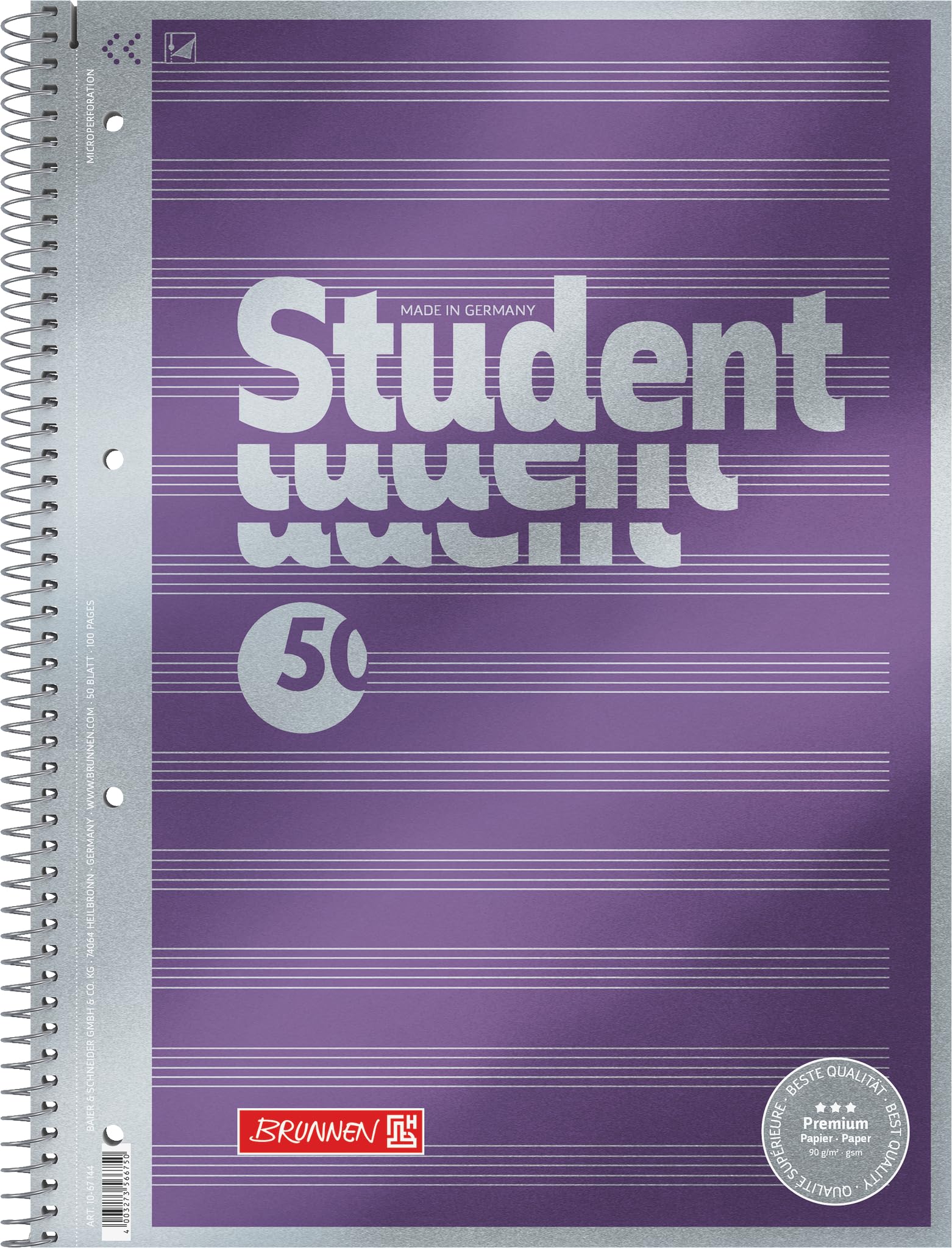 Brunnen 1067144 Notepad/Student Premium Note Ruled Set Treated Cover with Metallic Effect A4 90 g/m² 50 Sheets