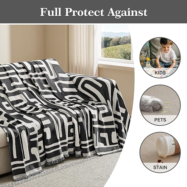 MAYMISS BOHO COUCH COVER FOR DOGS WASHABLE CHENILLE SOFA COVERS REVERSIBLE SOFA SLIPCOVER PET FRIENDLY FOR SECTIONAL SOFA, 2 OR 3 CUSHION COUCH (BOHO2 BLACK, 71″ X 150″)