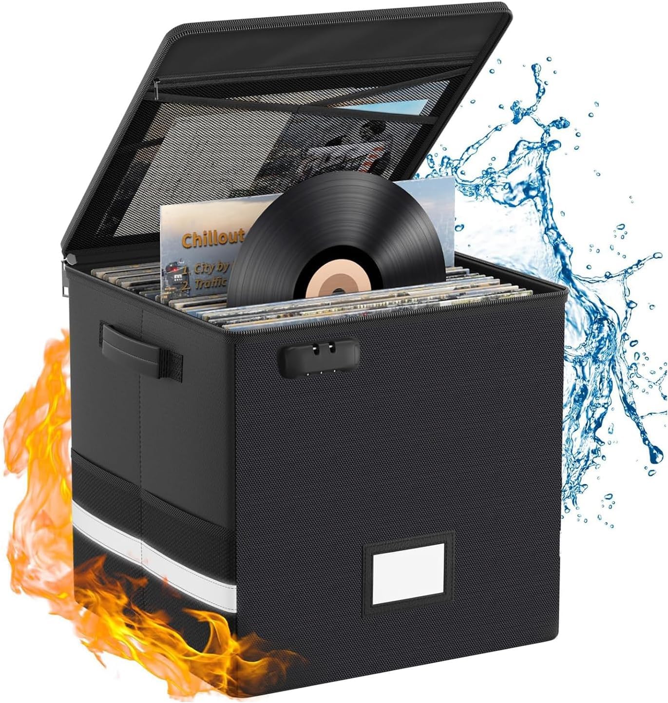 Hodufy Record Storage Box with Lock & 3 Portable Handles,Fireproof & Water Resistant Record Organizer Storage for 100+ Single Records,Collapsible Storage Crate with Lid for Valuable Album Collection