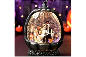 Gorrzai Halloween Snow Globe Lantern with Skeleton Pumpkin, Halloween Decorations Indoor Lighted Halloween Decor with Music Timer Swirling Glitter for Haunted House Party, USB or Battery Operated