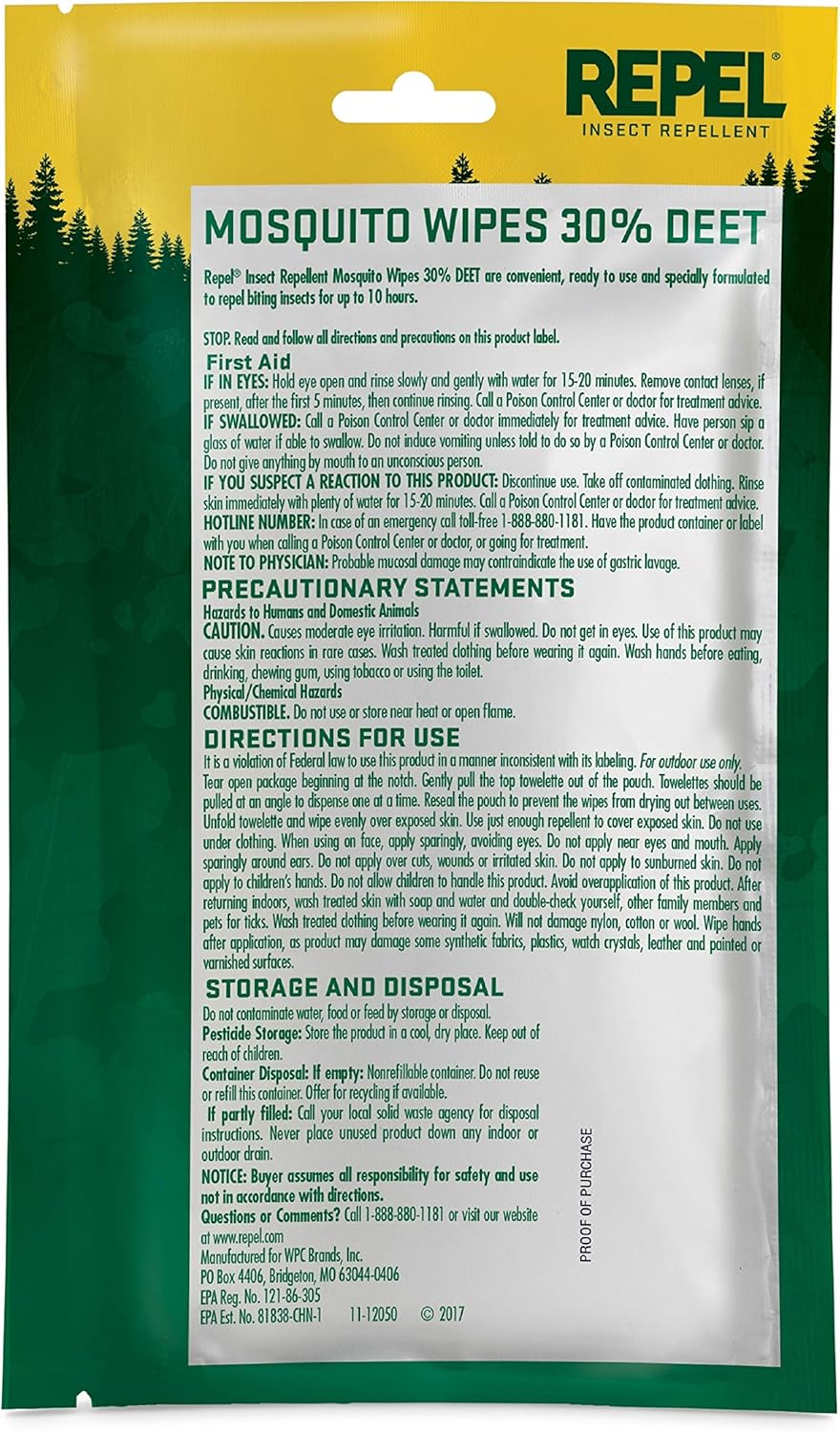 Repel 94100 Insect Repellent Mosquito Wipes 30% DEET, 15-Count: Industrial & Scientific