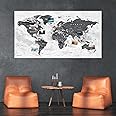 World Map XXL 51 x 28 inches, Fleece Wall Hanging as Travel Pin Board in Modern Wall Art Design, 20 Flag Push Pins included