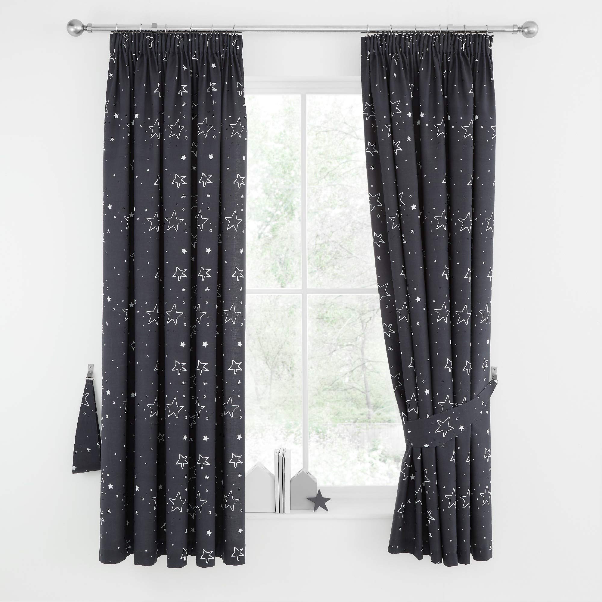 Happy Linen Company Boys Girls Kids Cosmic Stars Space Navy Blue 66" x 72" Fully Lined Pencil Pleat Curtain Set