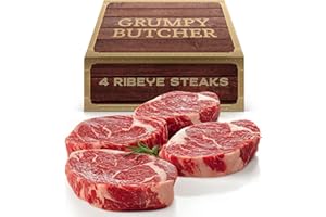 DEN'S HOT DOGS Grumpy Butcher Large Ribeye Steaks, 4 Pack (12 oz each) - Prime Steakhouse Beef Ribeye Steak Meat - Birthday Gifts for Men in Grumpy Butcher Meat Gift Packages Specials Option