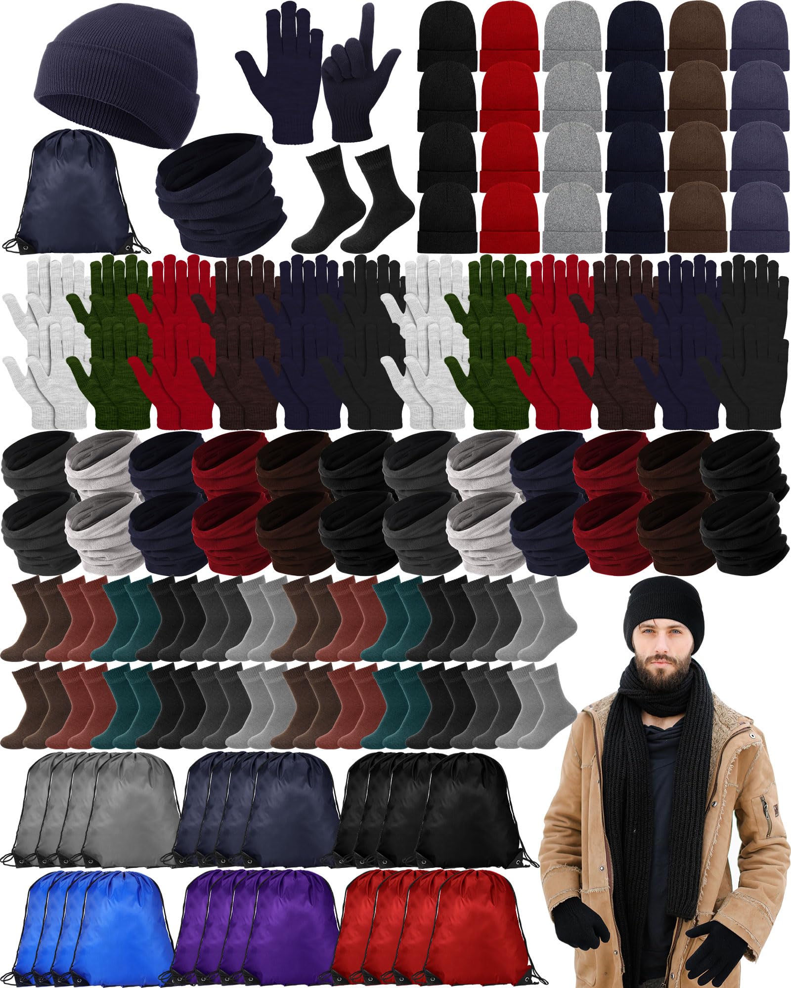 Suhine Homeless Care Package Supplies Winter Beanie Hat Neck Warmer Gloves Sock and Drawstring Bags for Men Women