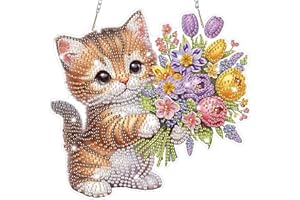 Bowetile Cat Diamond Art Hanging Kits for Adults, Diamond Art Suncatchers Flowers, 5D Special Shape Diamond Painting Pendant 