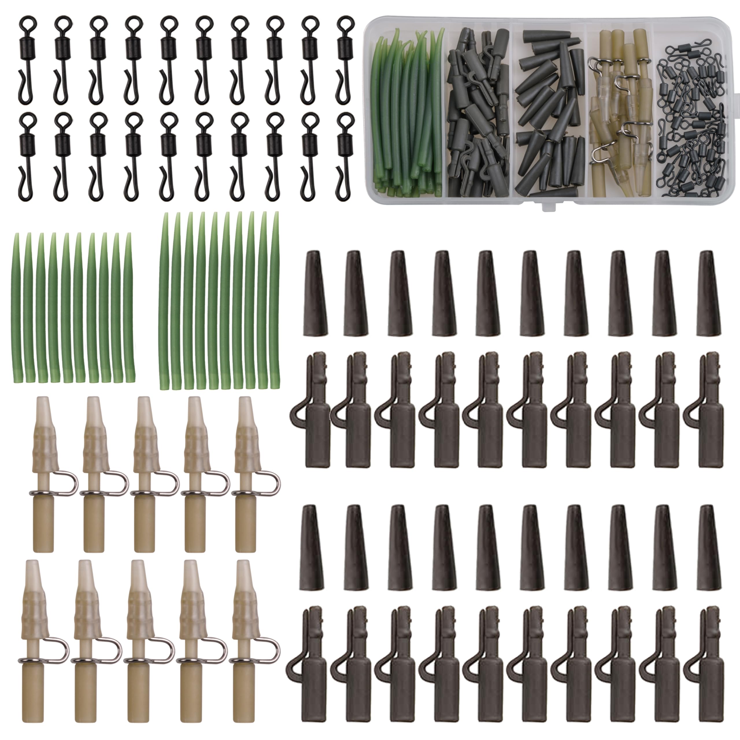 OROOTL Carp Fishing Tackle Accessories, Carp Fishing Rigs Box Include Safety Leader Clips Quick Change Swivel Anti Tangle Sleeve Tail Rubber for Carp Bait Rig