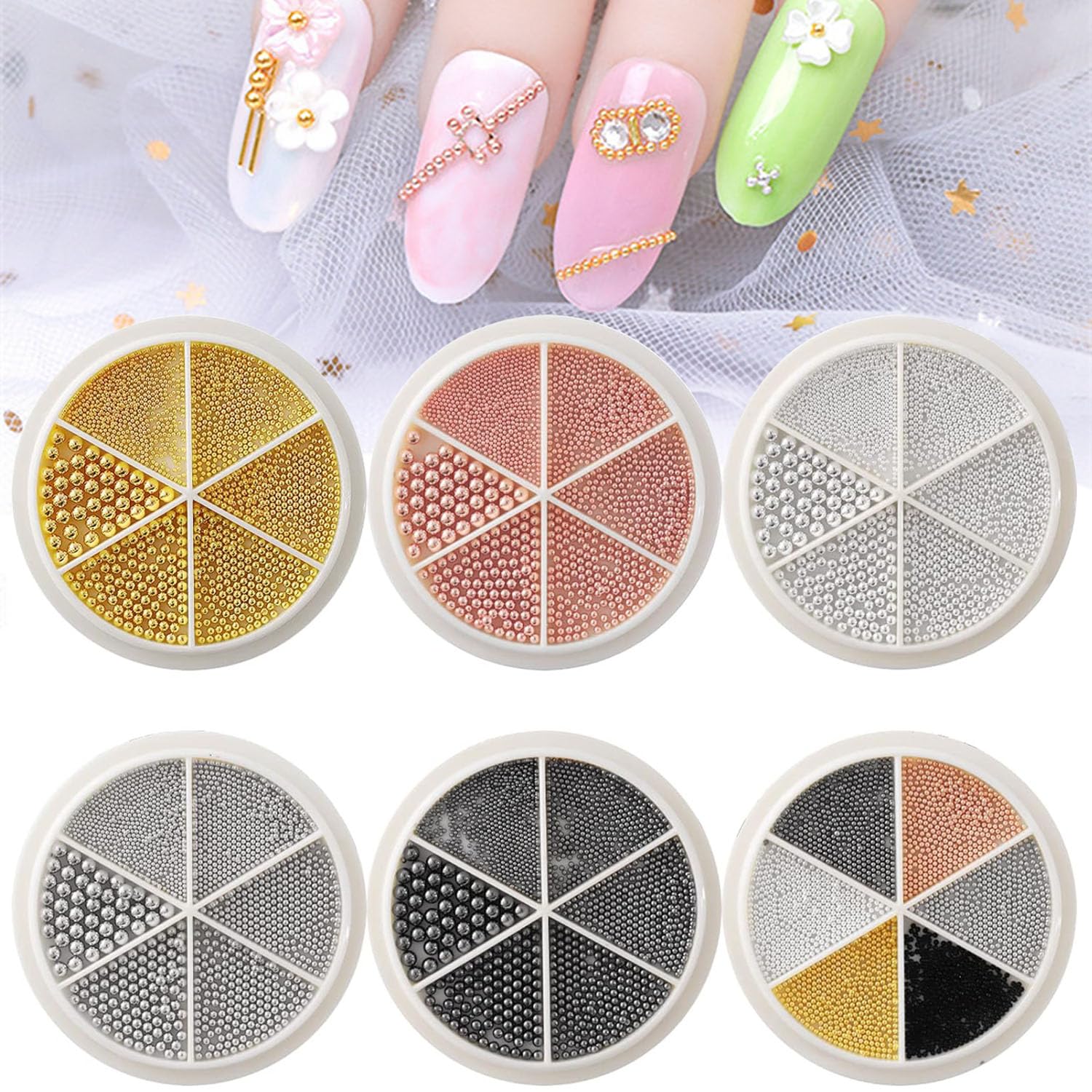 Nail Art Caviar Beads,6 Wheels Mini Caviar Micro Crystal Beads Mixed Size,3D Steel Ball Caviar Beads Gold Silver Rose Gold Black Manicure Nail Art Design for DIY Nail Decorations