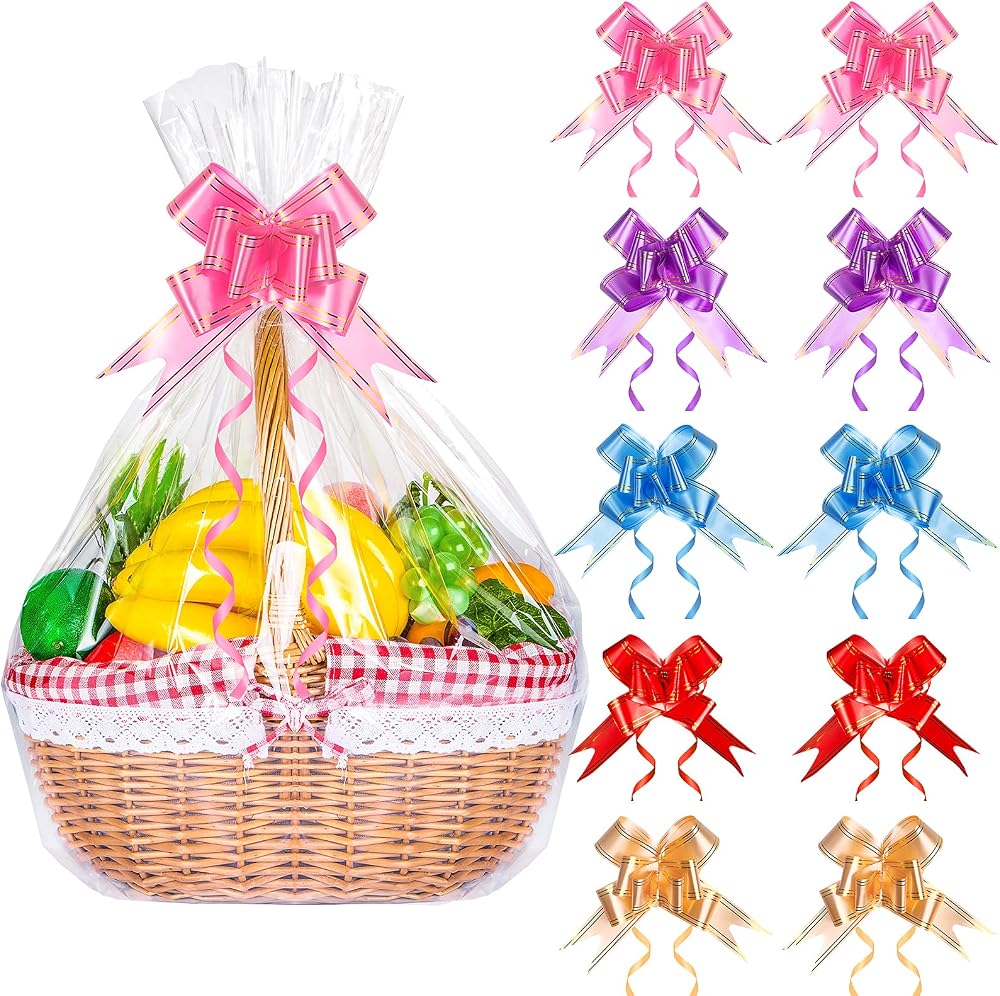 HCSSZ 10 Pack Cellophane Gift Basket Bags with Pull Bows Large 28x40 in