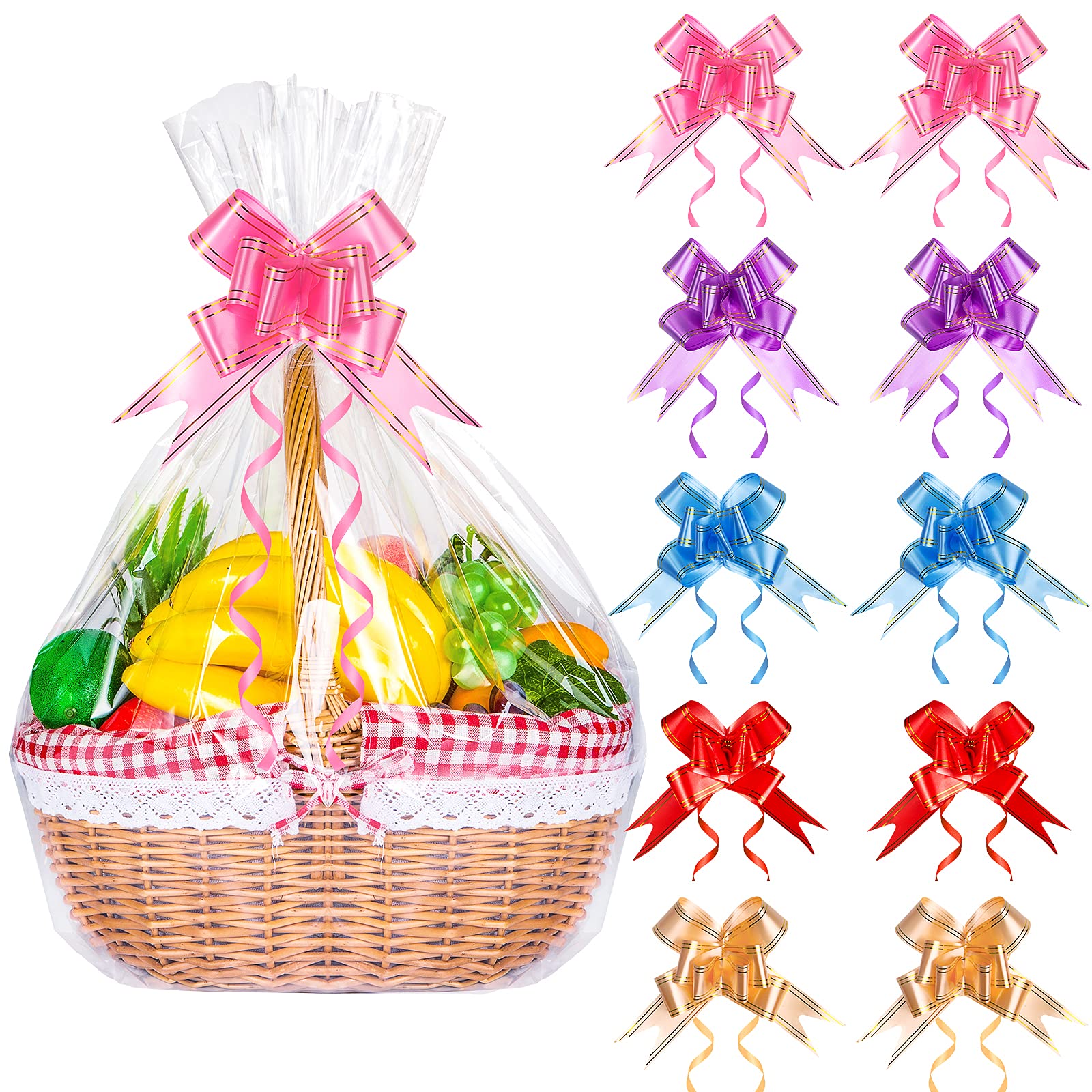 10 Pack Cellophane Gift Basket Bags With Pull Bows, HCSSZ 39.3 x 27.5 Inches Large Hamper Wrap Bags, Cellophane Wrap large bags for Baskets Making Easter Gift Presents Packaging…