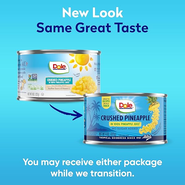 DOLE CANNED FRUIT, CRUSHED PINEAPPLE IN 100% PINEAPPLE JUICE, GLUTEN FREE, PANTRY STAPLES, 8 OZ, PACKAGING MAY VAY
