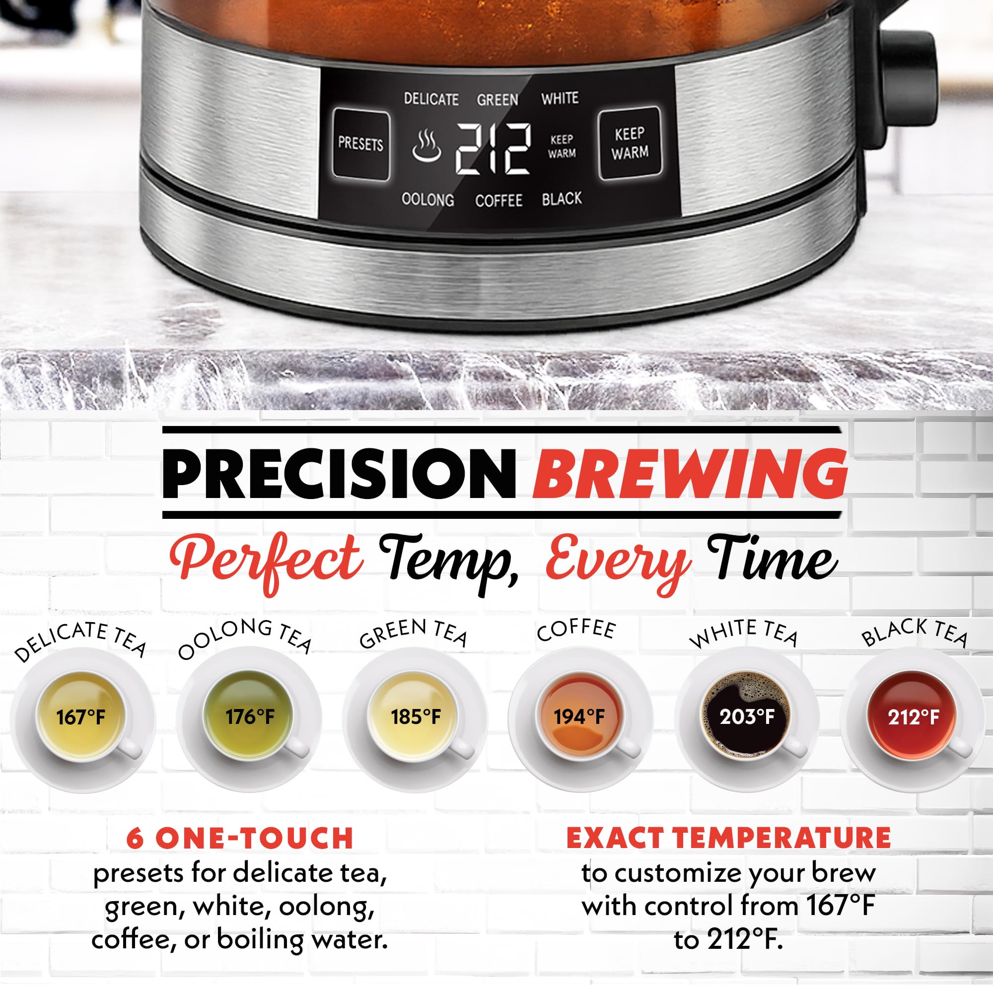 Gourmia Hervidor de vidrio digital programable - Hervidor eléctrico de temperatura ajustable de 1,7 L con 6 preajustes, mantiene caliente, infusor de té de acero inoxidable, base giratoria de 360°, negro