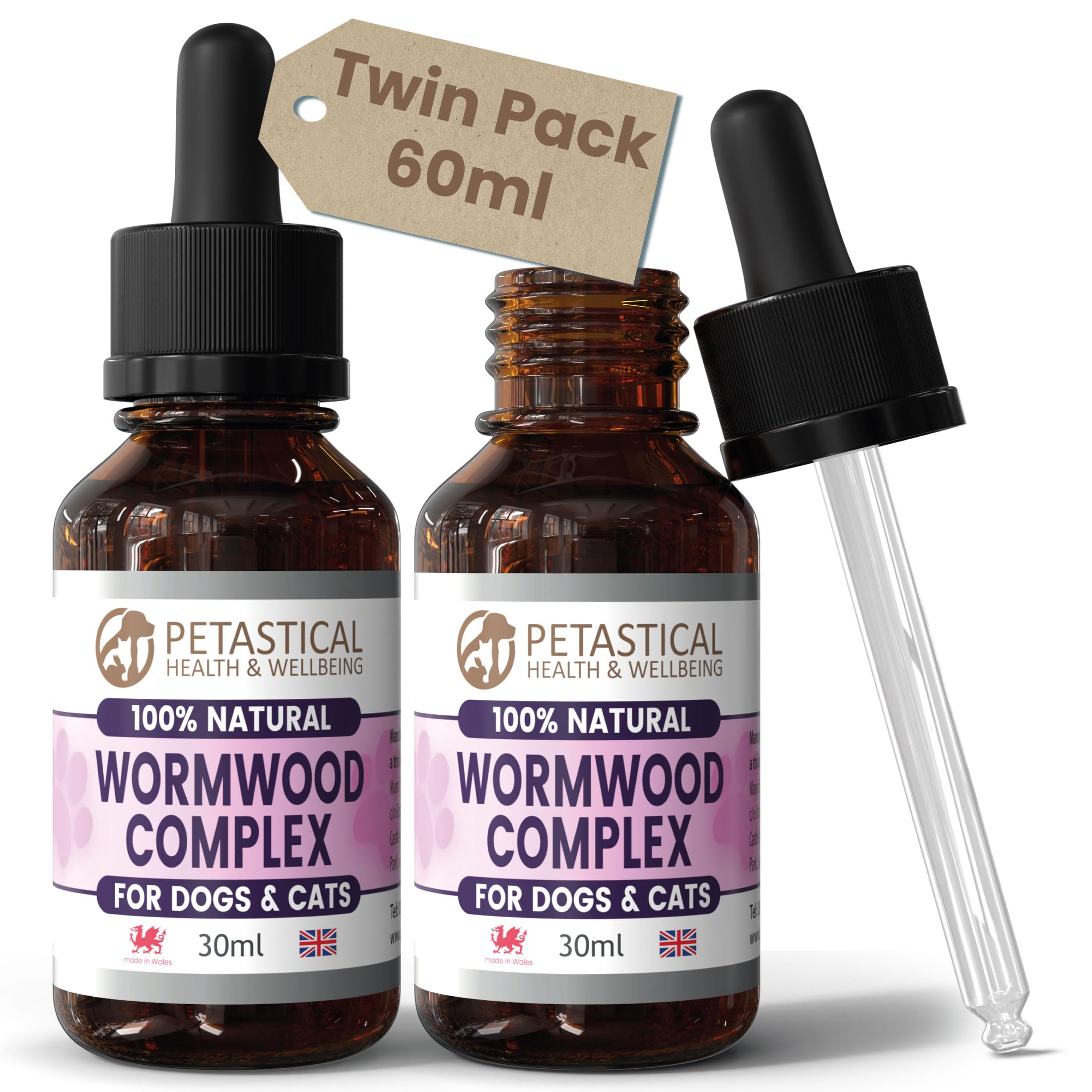 Petastical Wormwood for Dogs Cats, Natural Liquid Supplement Drops for Intestinal Hygiene, No Nasty Chemicals, Made in UK (60ml)