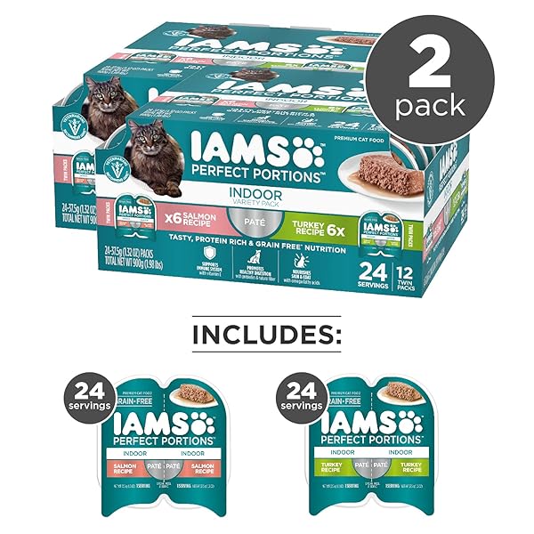 IAMS PERFECT PORTIONS INDOOR ADULT GRAIN FREE WET CAT FOOD PATE, TURKEY AND SALMON RECIPE, 2.6 OZ. TWIN-PACK TRAYS (12 COUNT, 24 SERVINGS) (PACK OF 2)