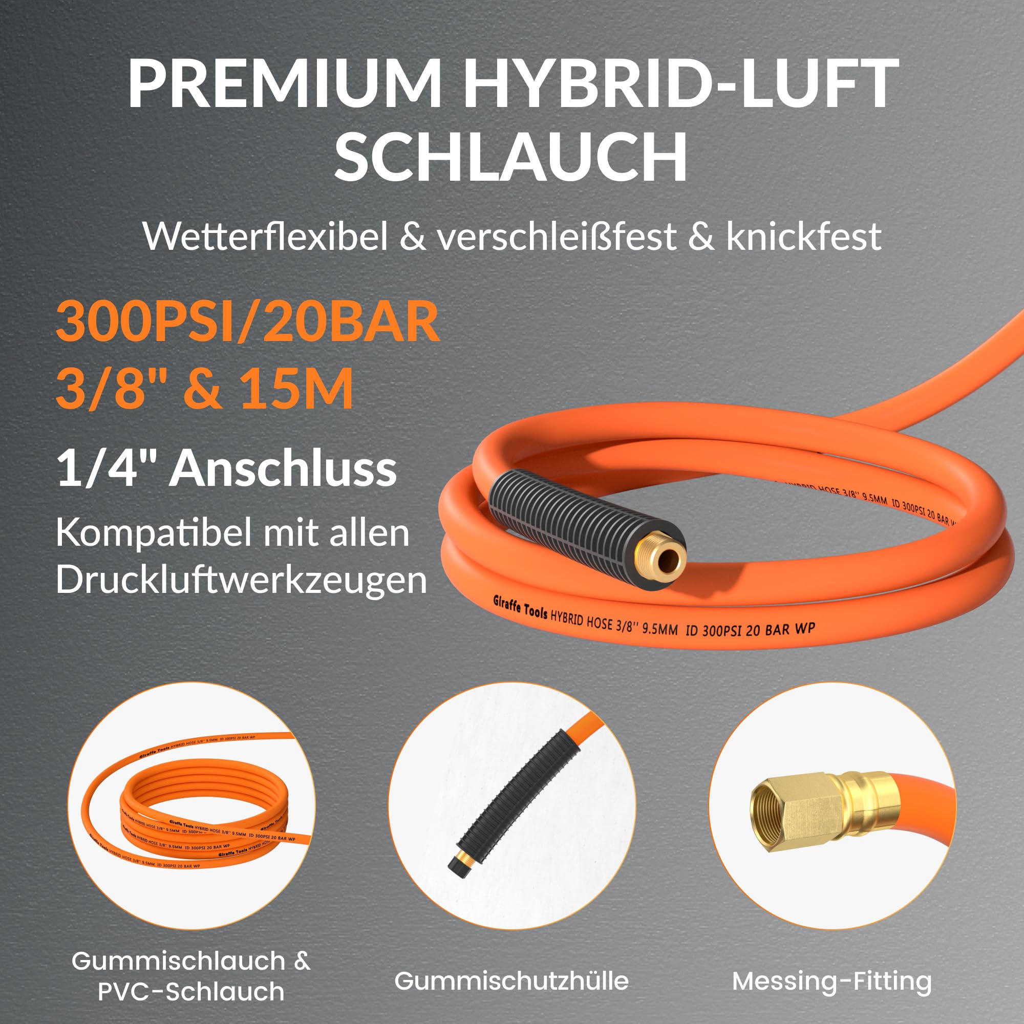 Giraffe Tools Automatik Druckluftschlauchtrommel 15M-Robuster Aufroller mit 1/4" Anschluss&3/8" Schlauch (Ø9,5mm) max 300PSI für Werkstatt und Garage-Plus Version mit 180°Schwenkbracket und Zubehörset 7