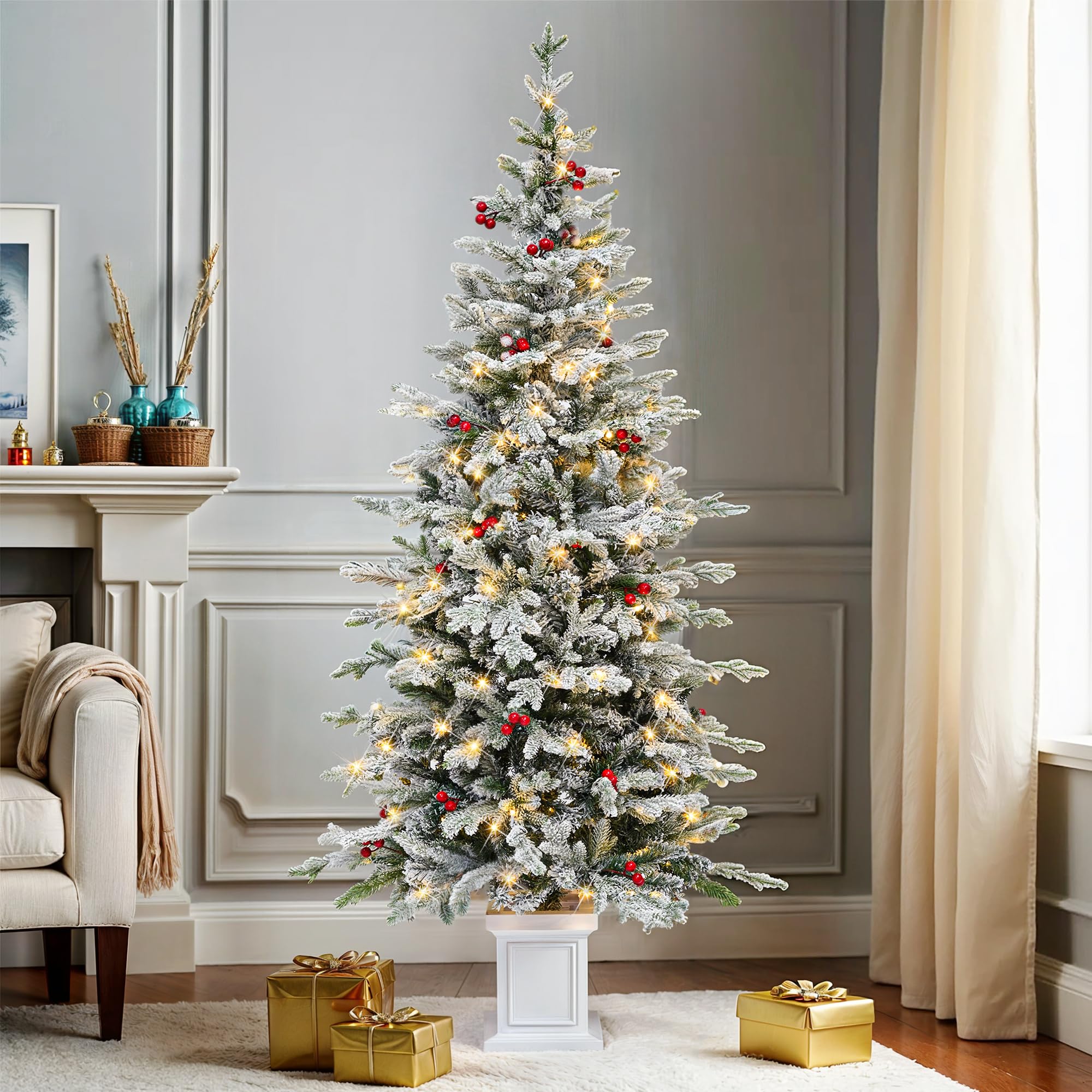 Photo 1 of **SMALLER IN PERSON*** DWVO 6 FT Slim Pre-lit Flocked Arctic Fir Pencil Tree, Potted Christmas Tree with 15 Red Berries, 520 PE & PVC Branch Tips, and 150 Lights for Home and Office Decor