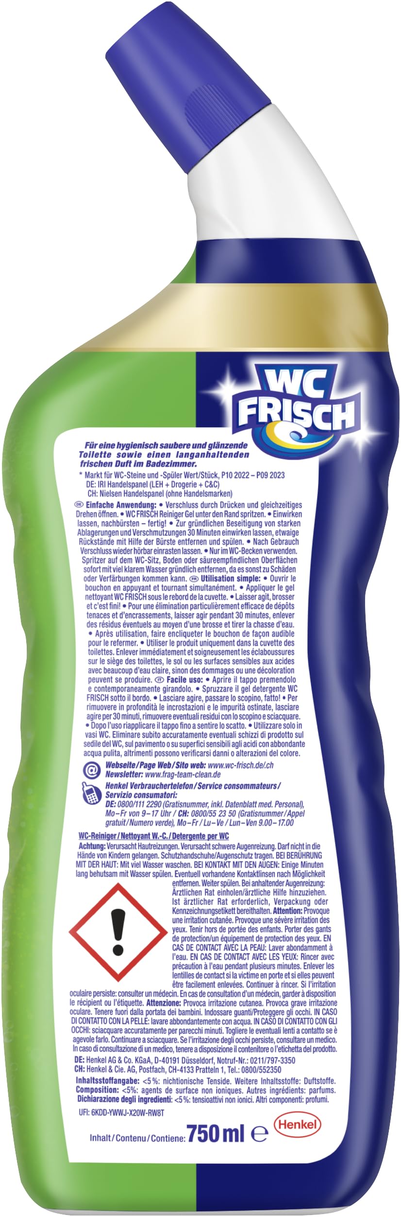 WC-Frisch WC Reiniger Gel Lemon (750 ml), WC Reiniger mit Lufterfrischer-Effekt, Toilettenreiniger sorgt für hygienische Frische, mit 4-fach Aktivstoff-Kombination 4