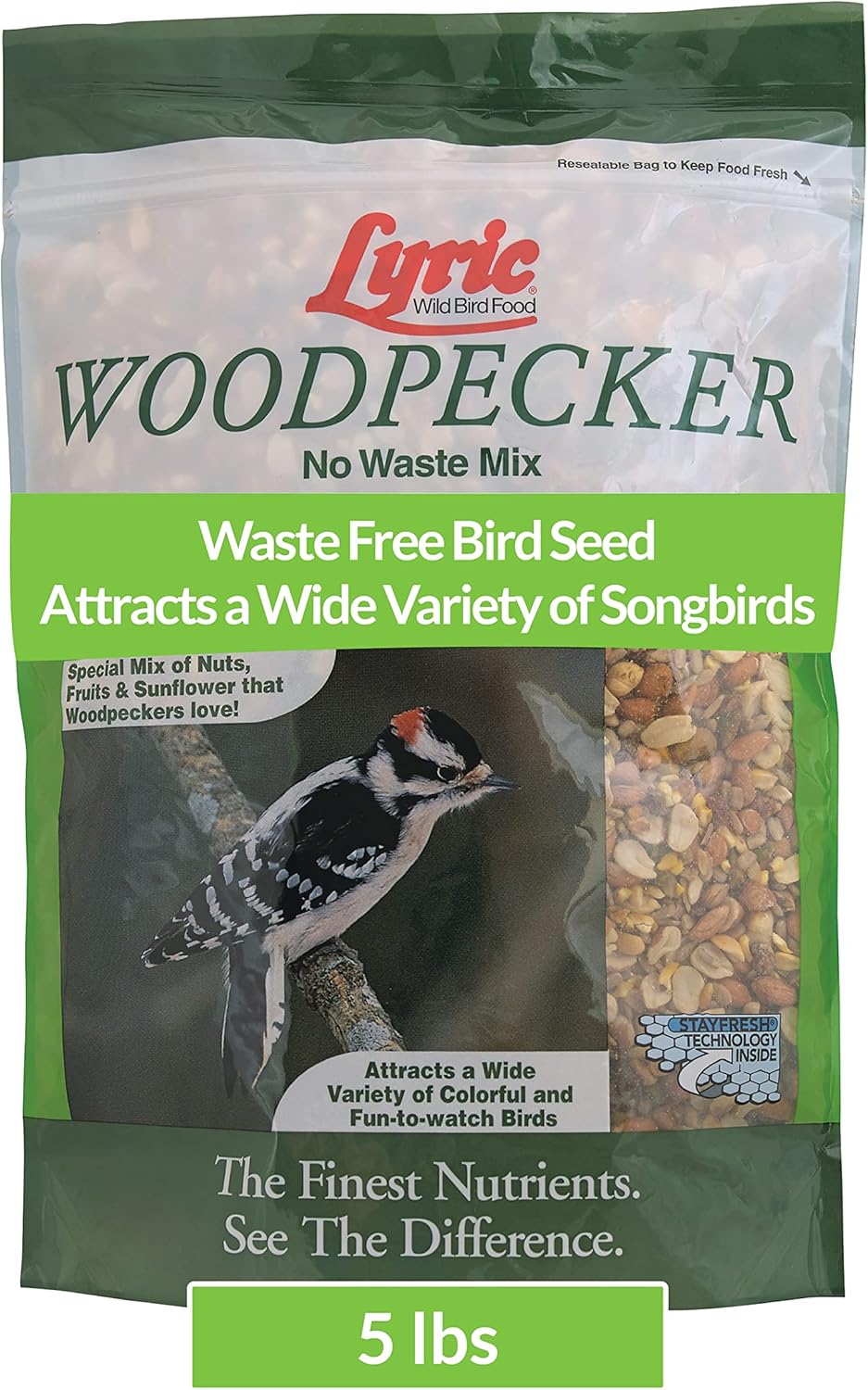 Backyard Birding & Wildlife - Lyric Woodpecker Wild Bird Seed, No Waste Bird Seed with Nuts, Dried Fruit & Shelled Seeds - 5 lb. Bag