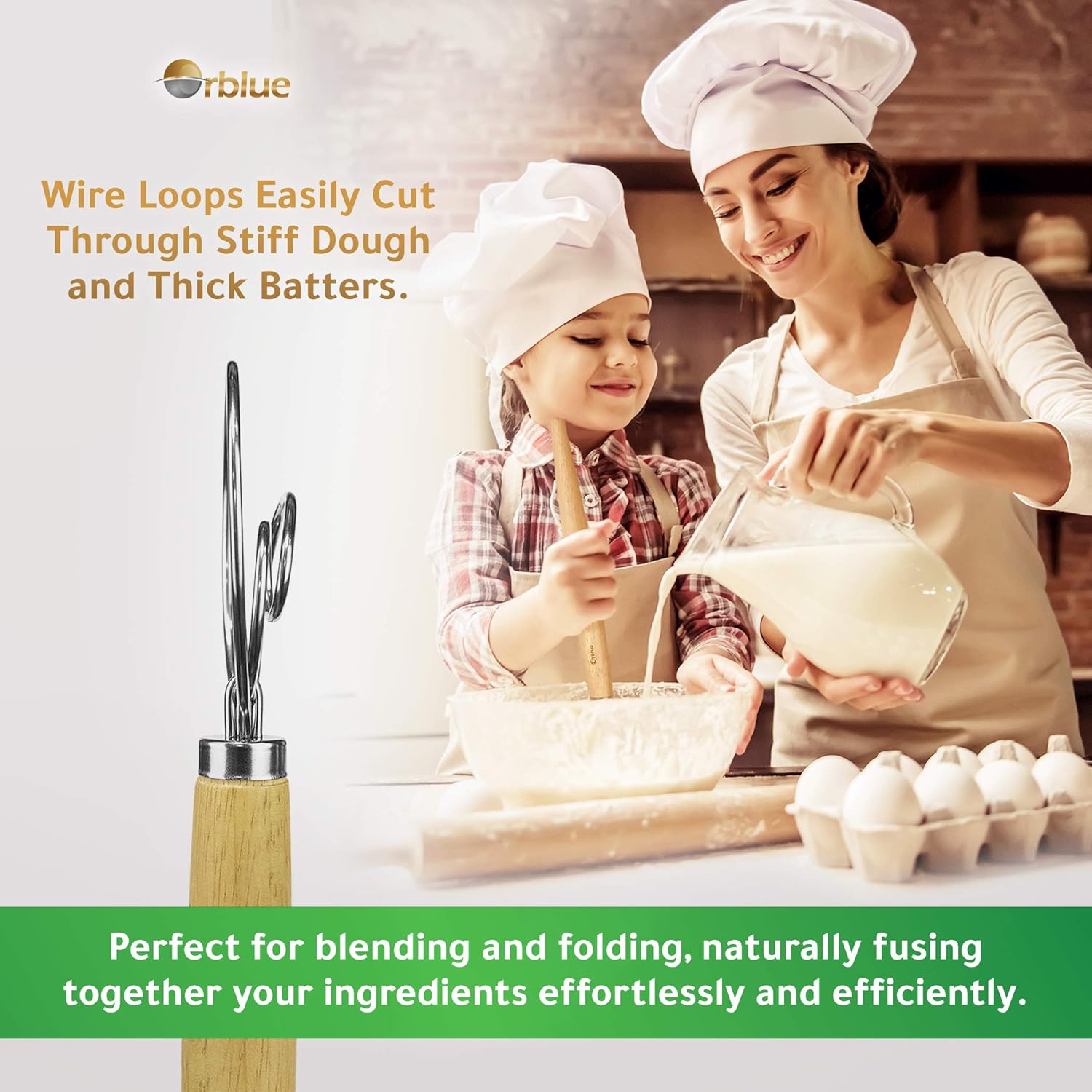 ORBLUE 13.5″ Danish Dough Whisk Large Dutch Dough Whisk Hand Mixer