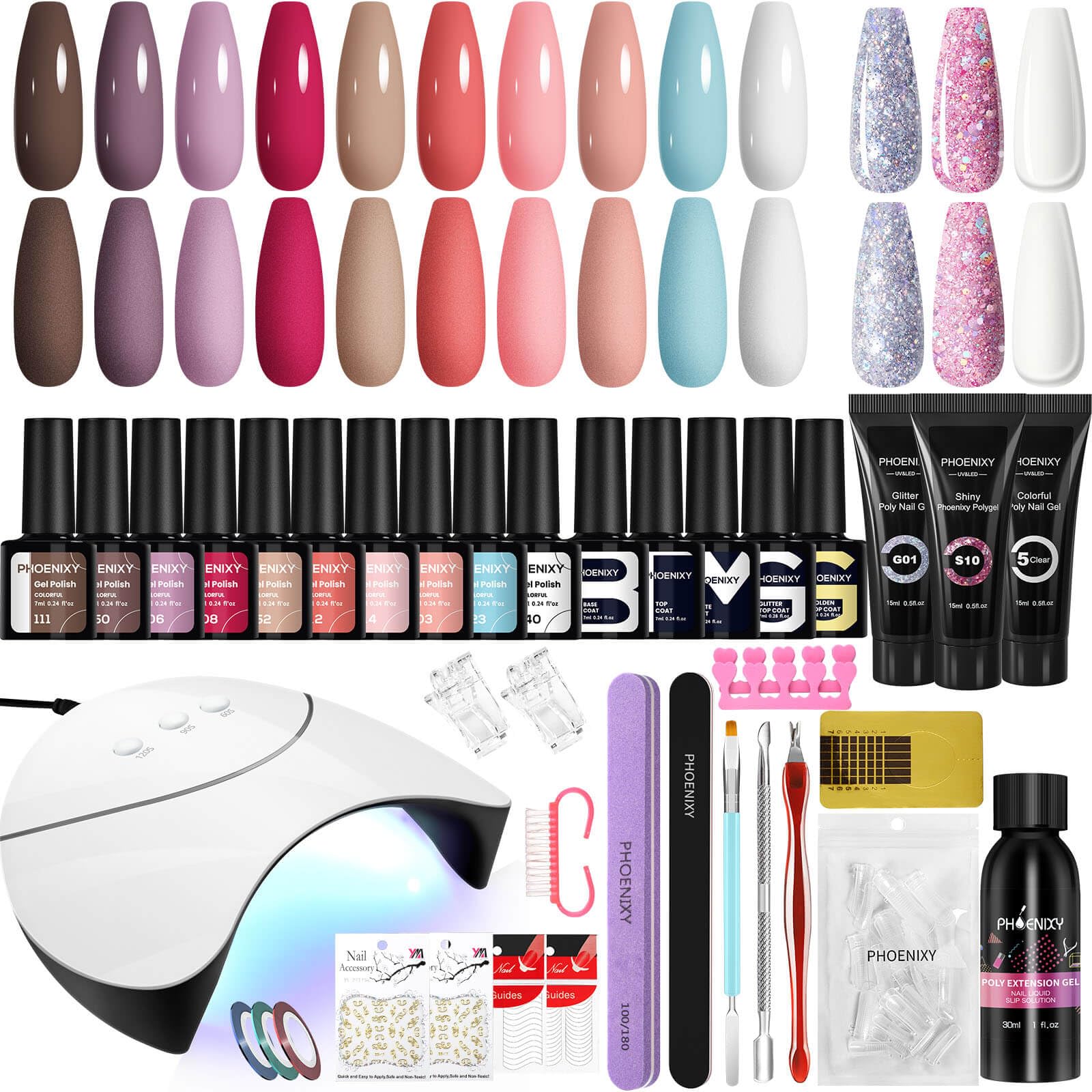 Gel Nail Polish Set with 36W U V Lamp Starter Kit, Phoenixy Gel Nails Kit with Poly Nails Soak Off UV Nail Polish Complete for Women (13+3pcs Gift Set)