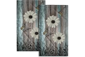 GRANBEY Rustic Barn White Daisy Hand Towels Flower Butterfly Teal Turquoise Brown Wooden Farmhouse Absorbent Kitchen Towels Spring Vintage Floral Soft Quick Dry Microfiber Dish Towels For Kitchen Bathroom