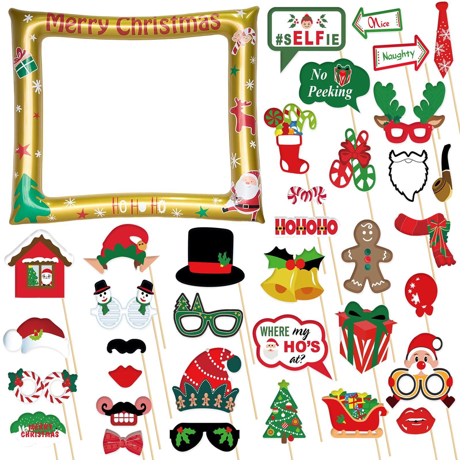 Gold Christmas Inflatable Selfie Frame Inflatable Photo Booth Frame with 32Pcs Photo Booth Props,Xmas Inflatable Picture Frame Blow Up Party Prop Kit for Kids Adults Christmas Party Games Accessories