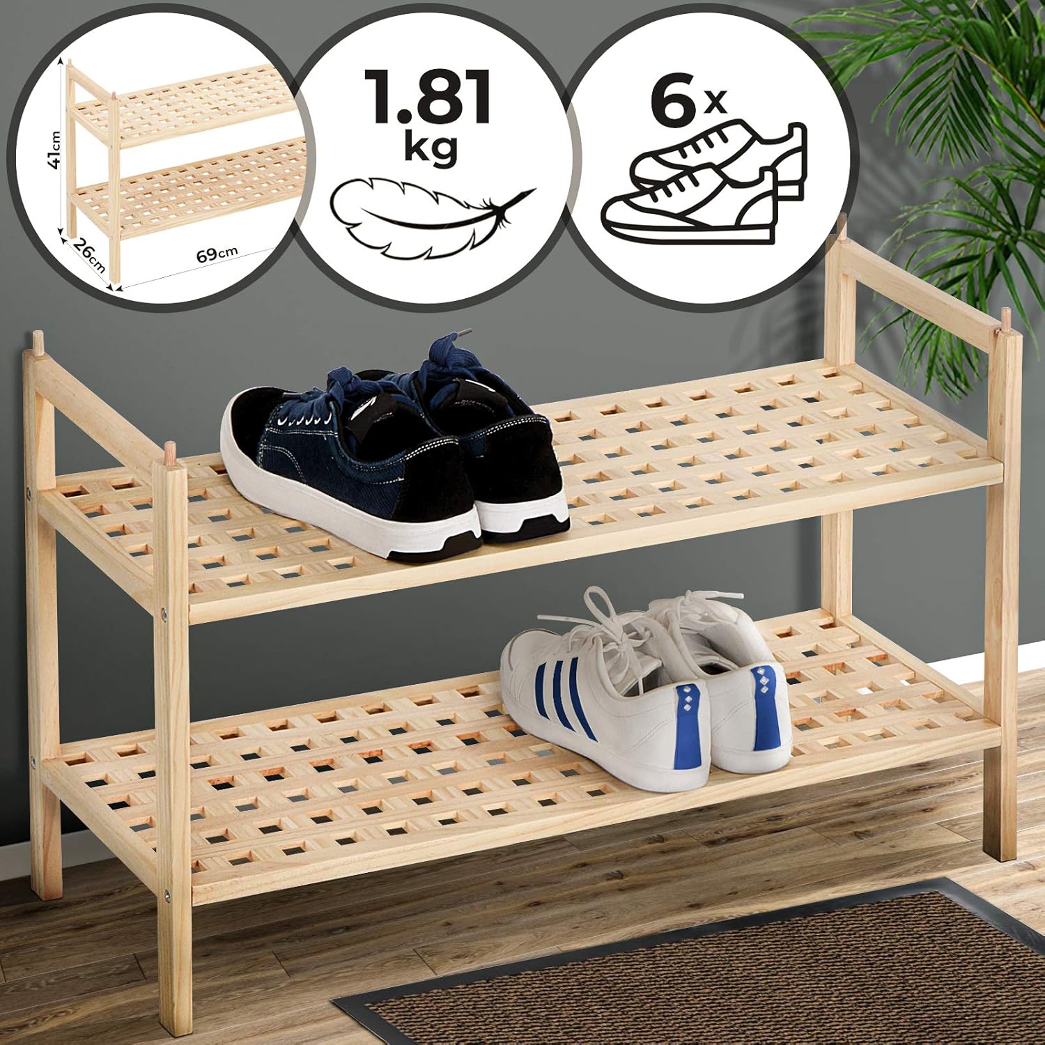 MIADOMODO Shoe Rack 2 Tier, 69x41x26 cm, Hold Stand for Min. 6 Pairs of Shoes, Walnut Wood