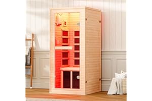 Albott Infrared Sauna 1 Person, Infrared Saunas for Home, 930W/110V Hemlock Wood Dry Sauna with Tourmaline Stone Foot Warmer, 7-Color Light Therapy & 2 Bluetooth Speakers, 27.2"x32.3"x61"