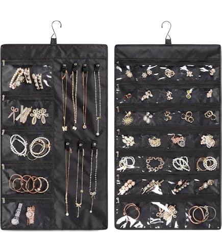 thumbnail image 2 of Hanging Jewelry Organizer - 48 Pocket Double-Sided Travel Case With Rotating Hanger 2 of 10