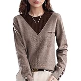LAI MENG FIVE CATS Womens Knit Long Sleeve Crew Neck Color Layered Loose Novelty Fall Pullover Tops