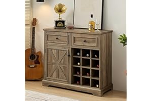 Eyisean Farmhouse Wine Bar Cabinet with 2 Drawers 35" H Buffet Cabinet with Removable Wine Racks and Storage Shelves, Liquor Coffee Bar Cupboard, Rack for Living Room, Kitchen (Gray & Two Drawers)
