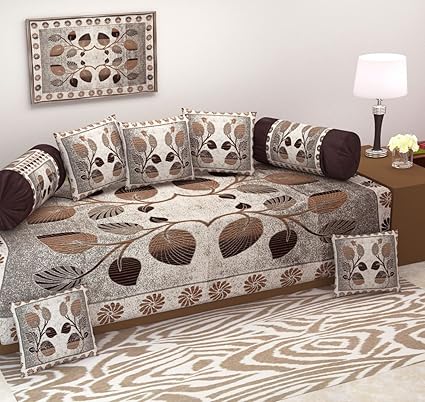 Ab Home Decor-Cotton Diwan Set(Content: 1 Single Bed Sheet, 5 Cushion Cover, 2 Bolster Cover, Total - 8 Pcs Set Fabric)-Coffee