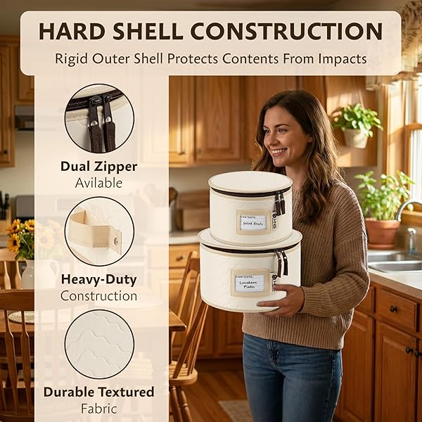 CHINA STORAGE HARD SHELL CONTAINERS 5-PIECE SET MOVING BOXES FOR DINNERWARE, GLASSES, PLATES, MUGS AND SAUCERS STURDY DISH ORGANIZER WITH DIVIDERS FOR SEASONAL STORAGE – SERVICE FOR 12 – BEIGE QUILTED