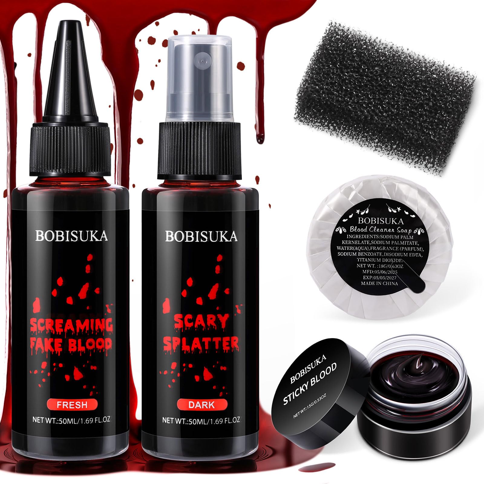 Photo 1 of BOBISUKA 5PCS Halloween Fake Blood Kit – Dripping Fresh Blood, Dark Spray Blood, Coagulated Gel, Cleansing Soap, Stipple Sponge – Realistic Washable SFX Makeup for Zombie, Vampire Monster & Cosplay
