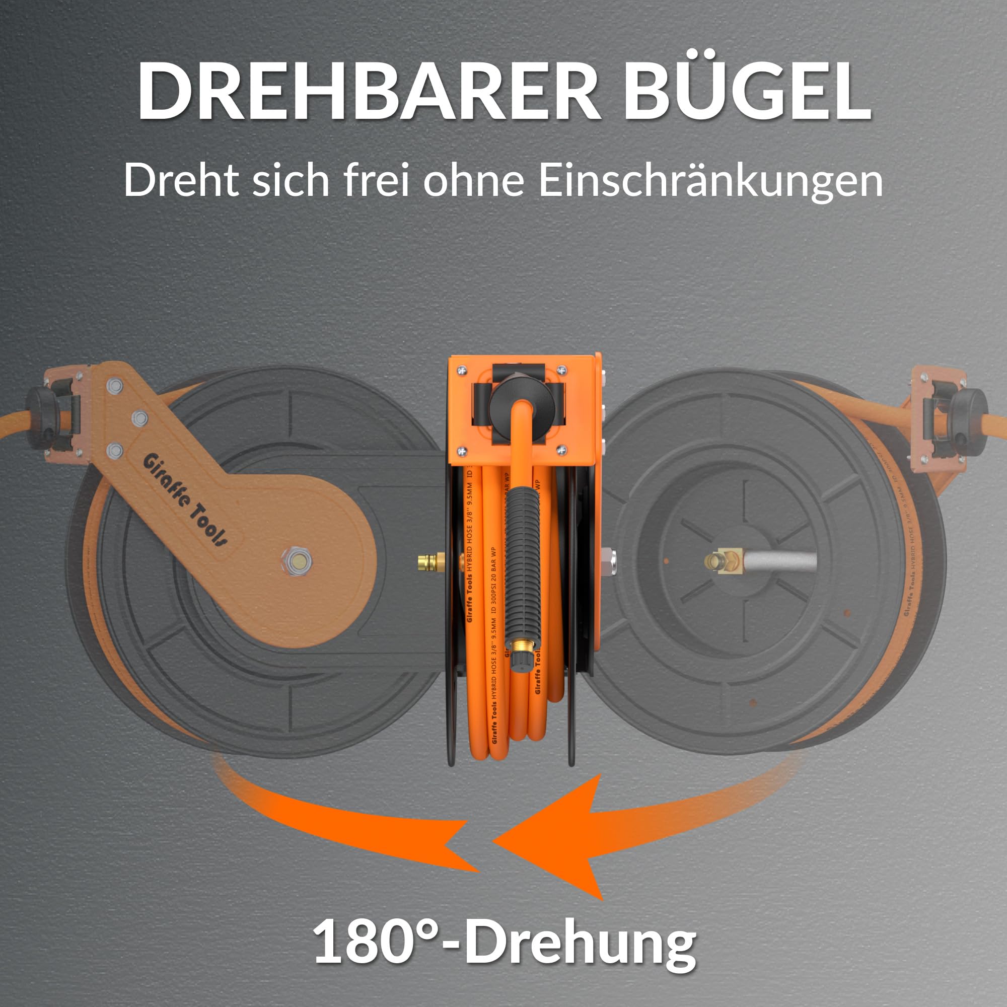 Giraffe Tools Automatik Druckluftschlauchtrommel 15M-Robuster Aufroller mit 1/4" Anschluss&3/8" Schlauch (Ø9,5mm) max 300PSI für Werkstatt und Garage-Plus Version mit 180°Schwenkbracket und Zubehörset 3