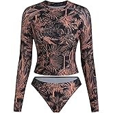ZAFUL Womens Rash Guard Swimsuits Long Sleeve Sun Protection Bathing Suit Tropical Swim Shirts with Briefs