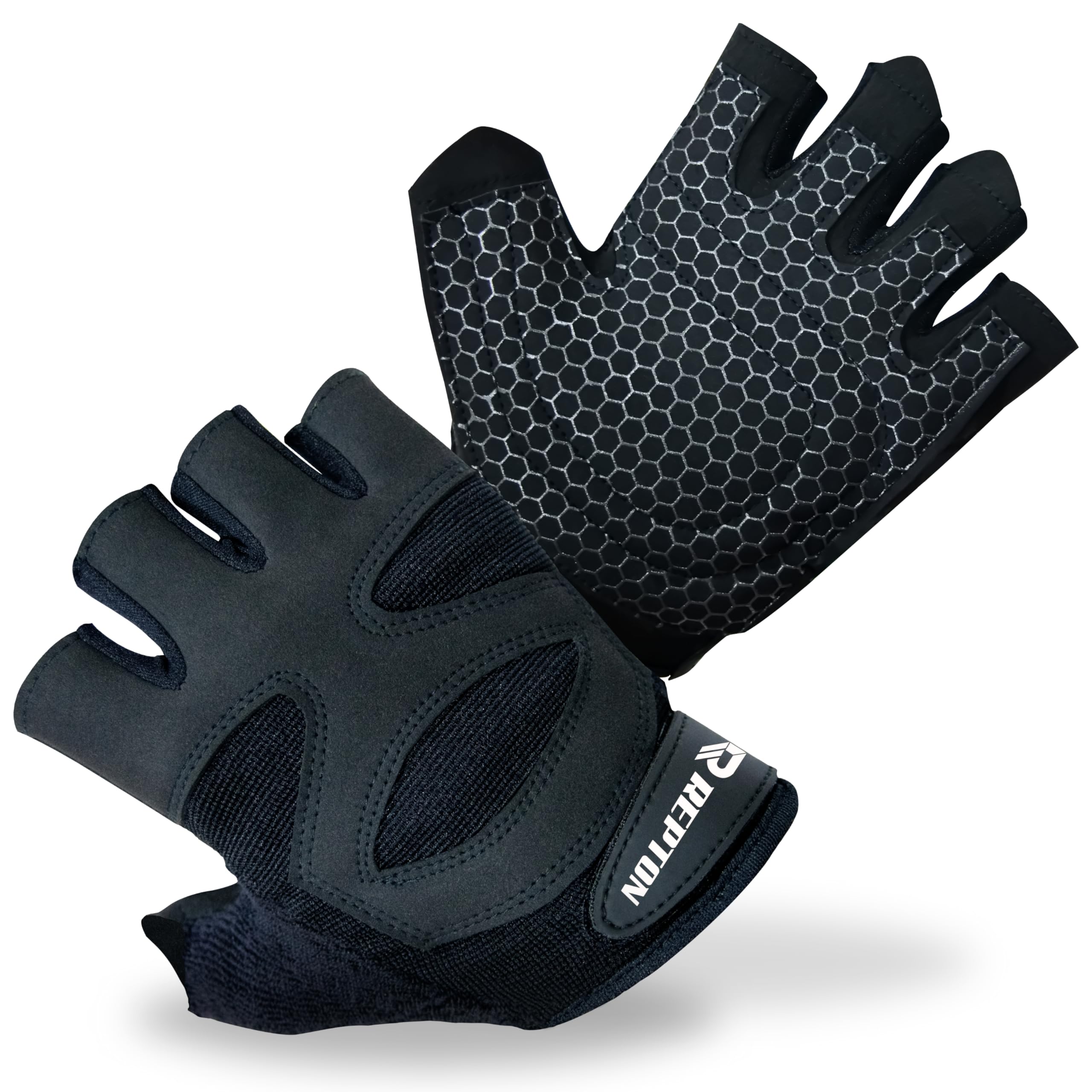 Repton Fitness Gears Gym Gloves with Wrist Strap, Weight Lifting Gloves Breathable Mesh Back & Antislip Padding on Palms (Black Without Wrap, M)