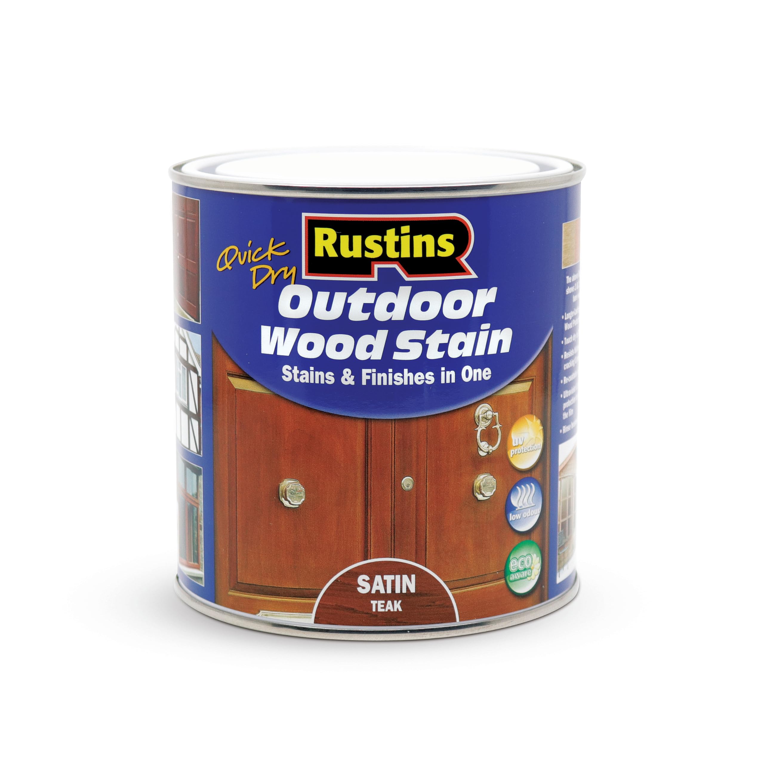 Rustins Quick Dry Outdoor Wood Stain Satin Teak 1ltr- Durable and Weather-Resistant Finish, Fast Drying, Vibrant Color for Decks, Fences, & Furniture, Available in Many Wood Shades