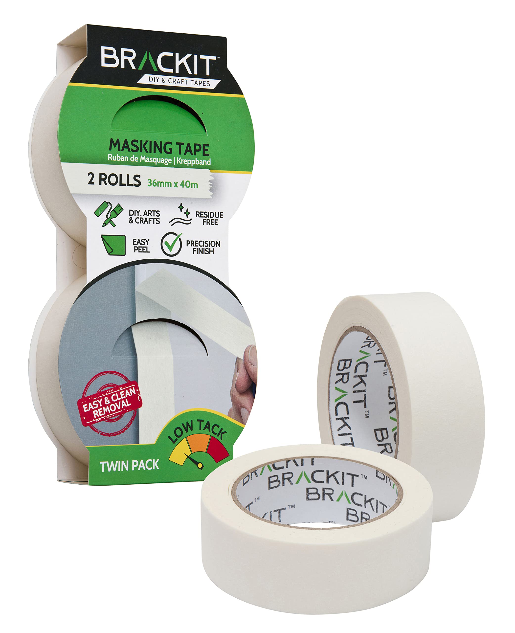 brackit White Masking Tape; Twin Pack - 36mm x 40m – Easy Removal For Painting and Decorating or Arts and Crafts