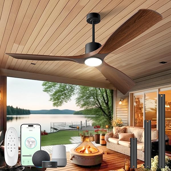 BOOSANT CEILING FANS WITH LIGHTS, CEILING FANS WITH LIGHTS AND REMOTE, 60 INCH MODERN SMART CEILING FAN WITH LIGHT, OUTDOOR CEILING FANS FOR PATIOS 3 BLADE BEDROOM LIVING ROOM PORCH(DARK WALNUT)
